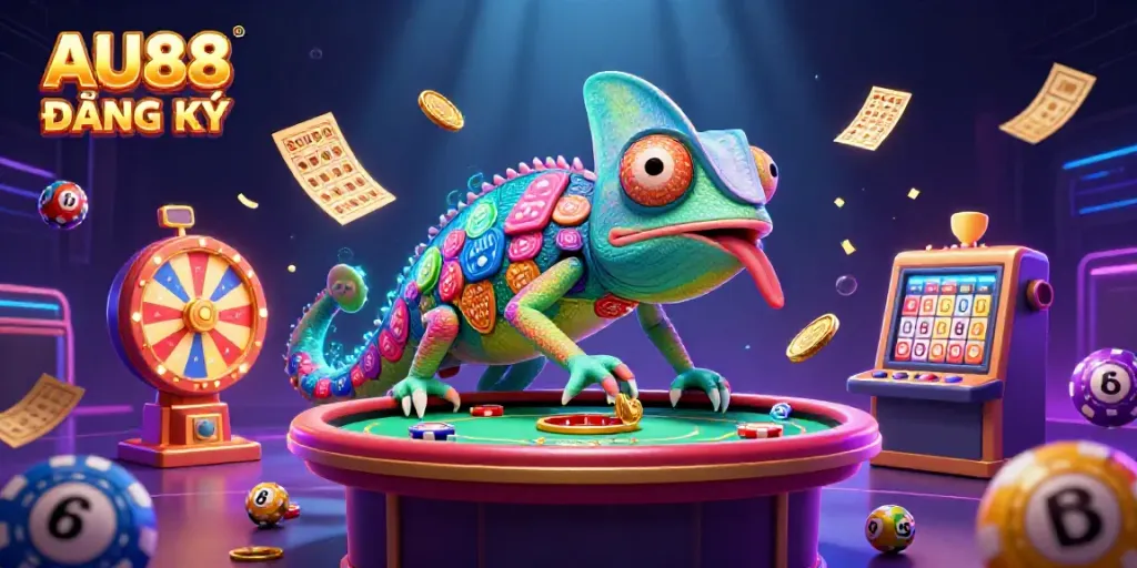 Experience the thrill of AU88 ĐĂNG KÝ with a dynamic illustration of a colorful casino chameleon surrounded by game elements.