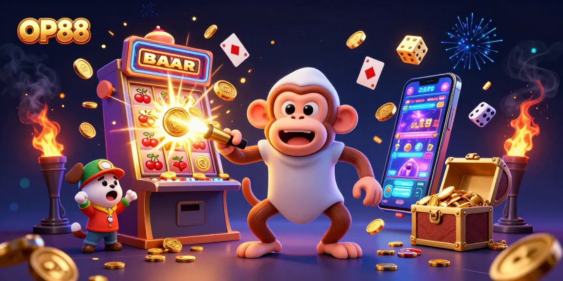 OP88 presents a lively scene with a mischievous monkey juggling coins and a curious puppy exploring a haunted casino.