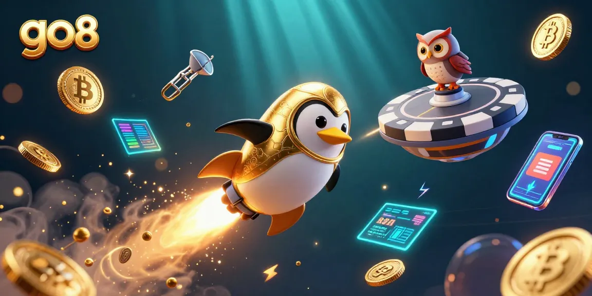 Experience thrilling adventures with go8 as a golden penguin rockets toward a casino universe amidst crypto elements.