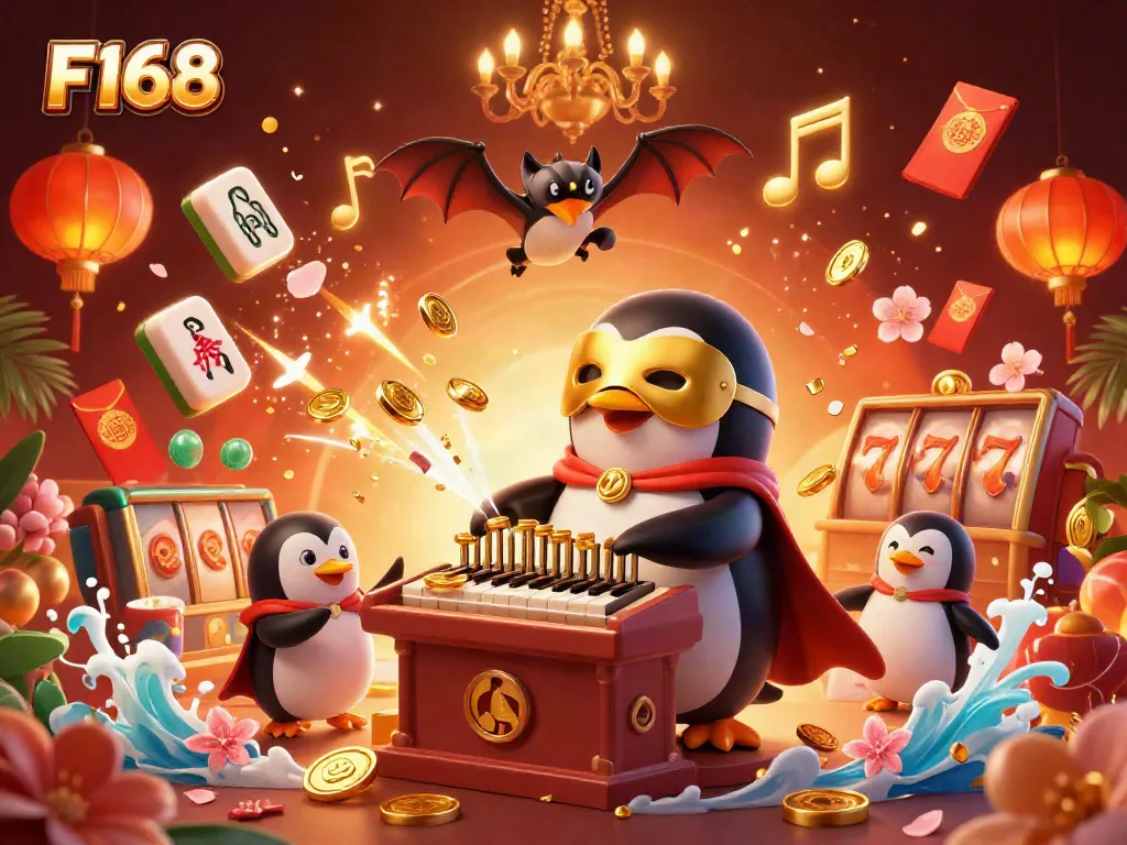 Experience the thrill of F168 with a lively casino scene led by an opera penguin amidst stunning decorations.