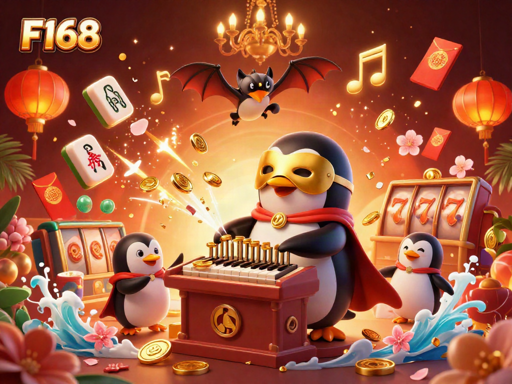 Experience the thrill of F168 with a lively casino scene led by an opera penguin amidst stunning decorations.