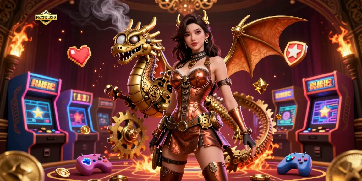 Engage in thrilling fun at MANTRATOTO with vibrant slot machines and a stunning steampunk dragon.