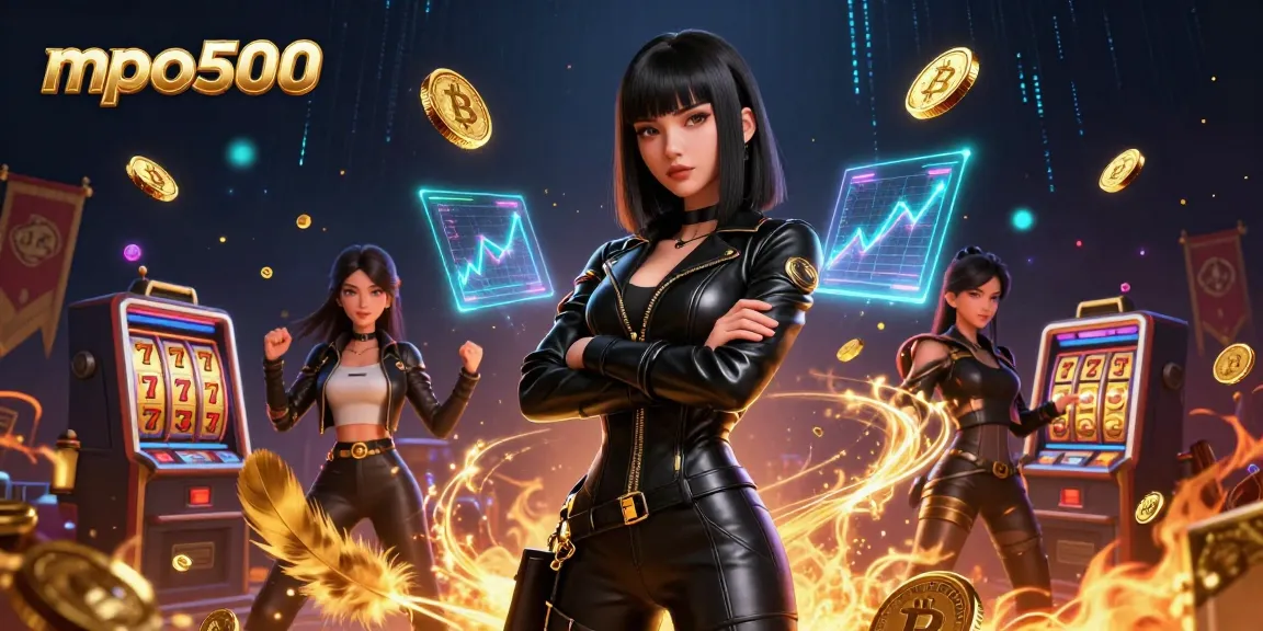 Experience the excitement of mpo500 with stunning visuals of slot games and crypto elements.