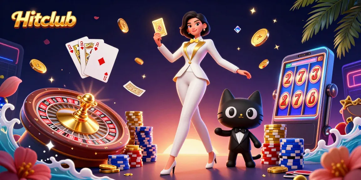 Hitclub showcases a glamorous woman shuffling cards with a charming cat by her side amidst a vibrant casino scene.