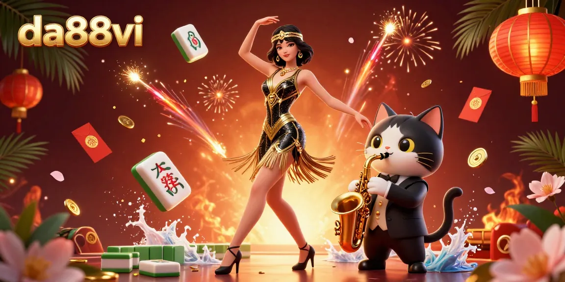 Engage with da88vi's vibrant casino scene featuring a dancing flapper and a saxophone-playing cat amidst gaming elements.