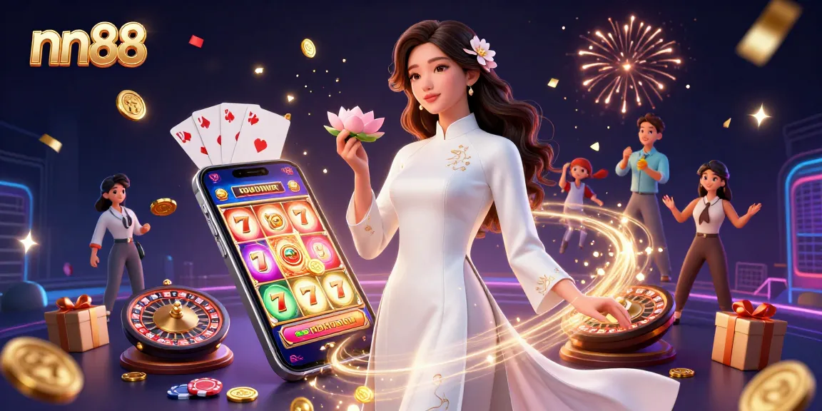 Engage in thrilling gameplay with nn88's vibrant 3D casino illustration showcasing slot reels, coins, and festive elements.