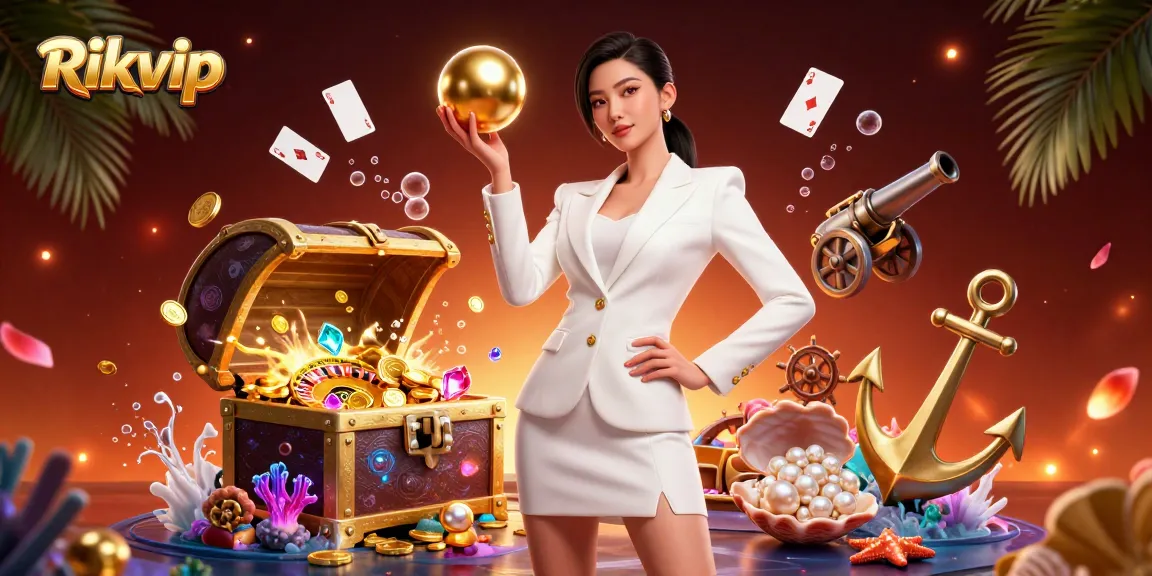 Experience exciting gameplay at Rikvip with a confident woman holding a roulette ball amid gold and glamour.