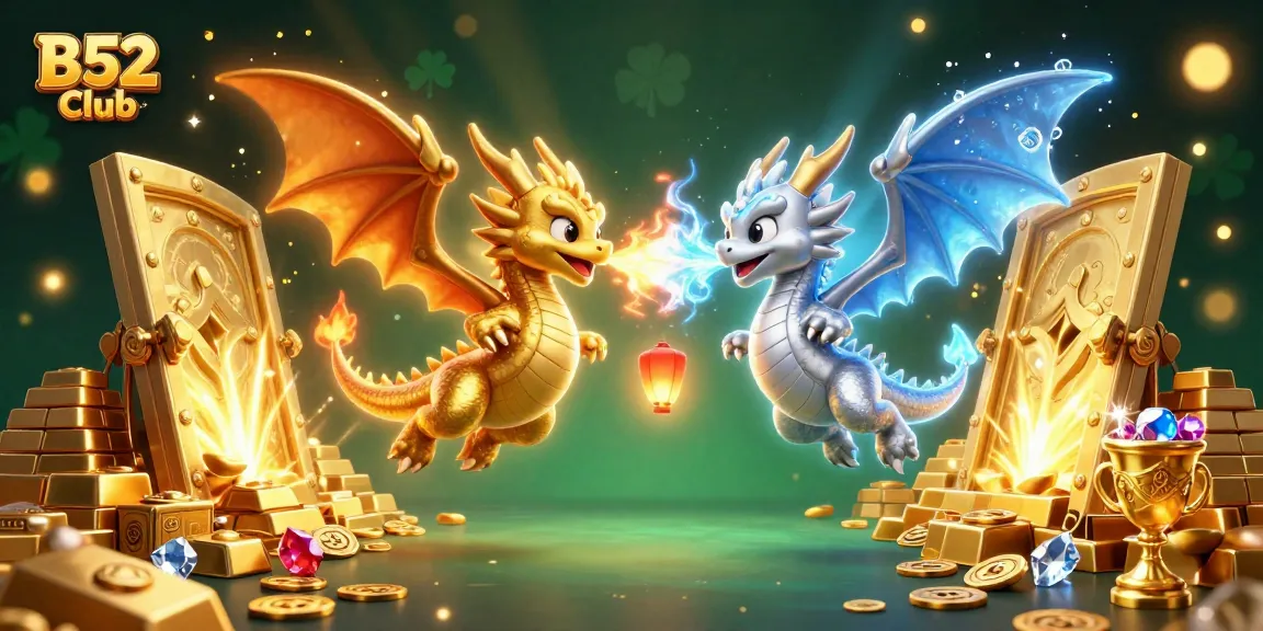 B52 Club features twin cartoon dragons in vibrant gold and silver, showcasing a thrilling gaming scene with treasure elements.