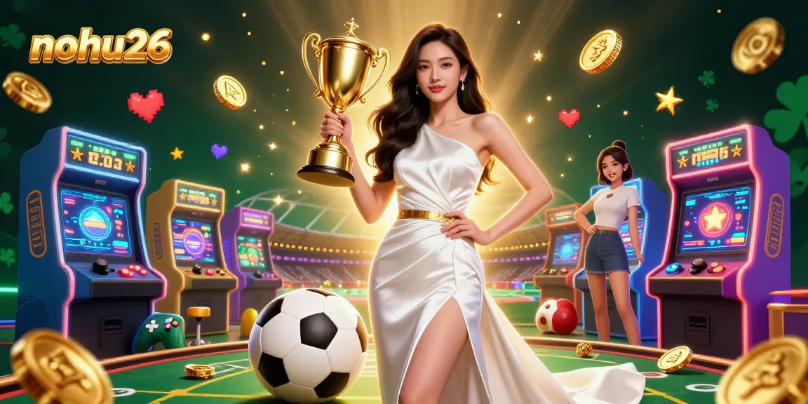 Engage with nohu26's vibrant sports betting scene featuring a confident champion with trophy and dynamic gaming elements.