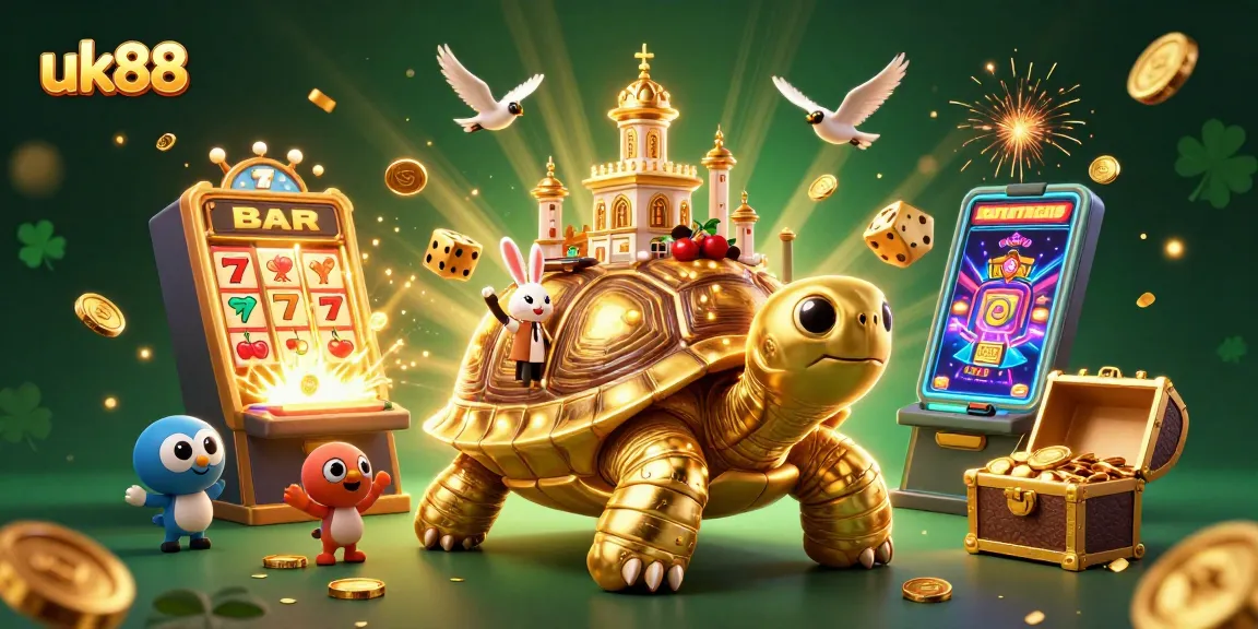 Experience the excitement of uk88 with a vibrant 3D illustration of a golden tortoise casino, featuring a rabbit dealer and a jackpot explosion of coins.