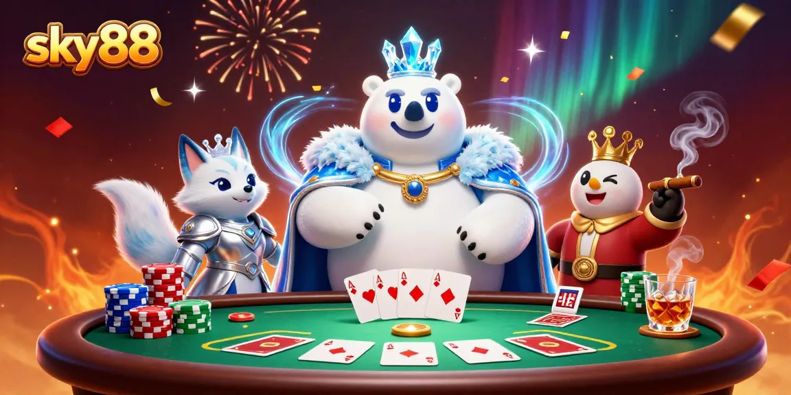 sky88 players engage in poker with a cartoon ice king and fox, celebrating winning moments