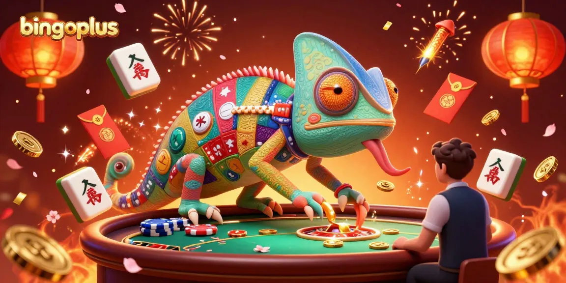 BingoPlus chameleon casino owner captures golden coins amidst a vibrant online gaming celebration.