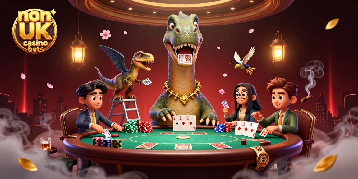 Engage in thrilling non UK casino bets as a giant brontosaurus towers over a lively poker table.