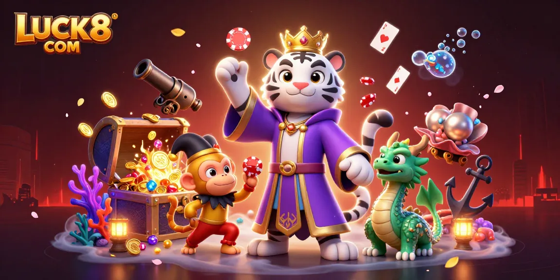 Spin to win with LUCK8 COM in a vibrant casino scene bursting with energy and game elements.