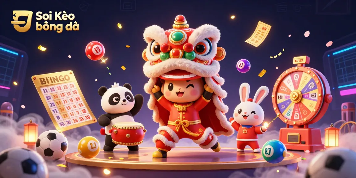 Soi Kèo bóng đá scene with a lion dance, drumming panda, and lottery elements in vibrant sports setting.