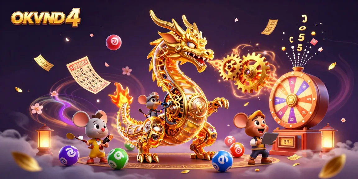 Engage in dynamic gambling action with OKVND 4 featuring a golden dragon, colorful lottery balls, and prize elements