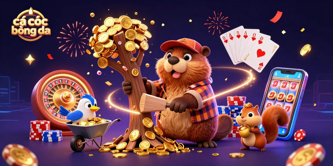 Engaging illustration of cá cược bóng đá with a beaver, bird, and squirrel collecting coins amidst vibrant casino elements.
