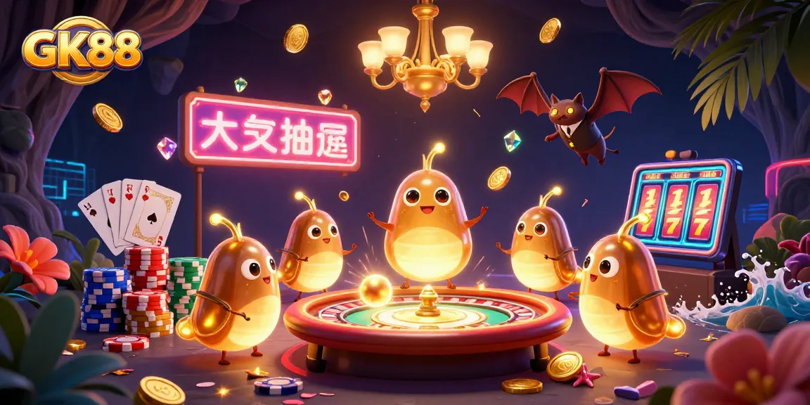 GK88 casino illustration depicting a vibrant scene with glowworms lighting the game tables and stunning neon effects.