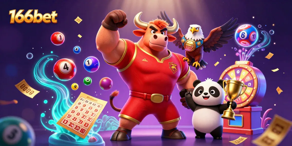 Experience excitement with 166bet as a muscular bull mascot celebrates with a trophy, showcasing vibrant lottery elements.