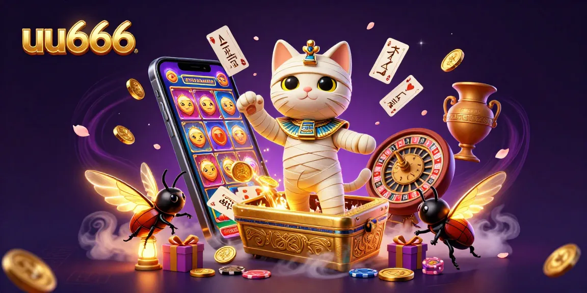 Experience excitement with uu666 as a mummy cat bursts from a sarcophagus amid casino games.