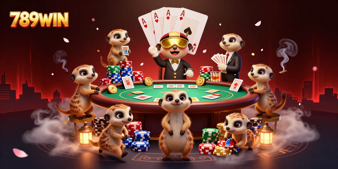 Experience the vibrant atmosphere of 789WIN casino featuring playful meerkats engaging in exciting card games.