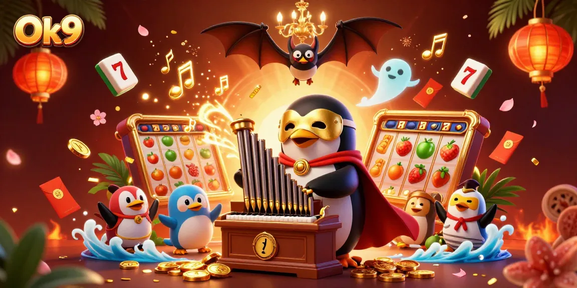 Engage in winning strategies at Ok9 with the penguin organist and casino elements!