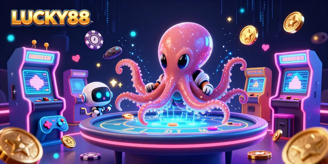 LUCKY88 showcases an alien octopus at a holographic poker table with dynamic gaming elements.