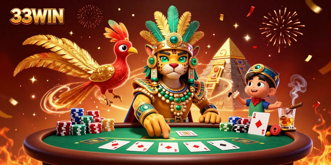 Experience thrilling action at 33WIN with a vibrant 3D gambling scene featuring Mayan characters and poker elements.
