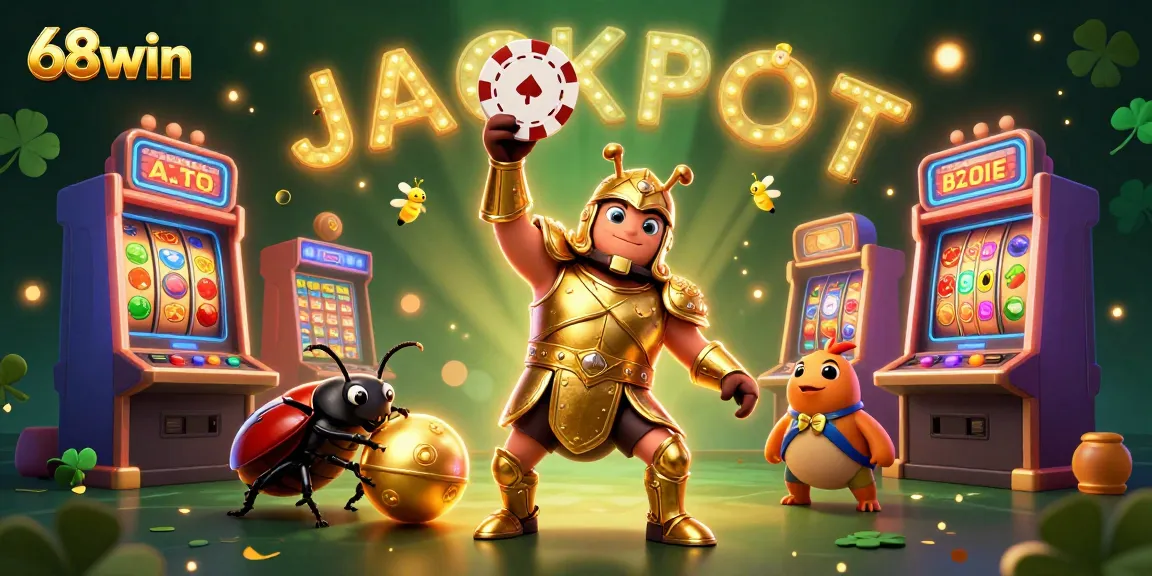 Experience the thrill of winning at 68win with a golden-armored beetle celebrating a jackpot victory!