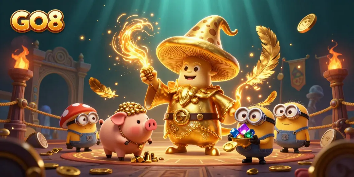 Engage with GO8's vibrant casino scene featuring magical characters and scattered gold treasures.