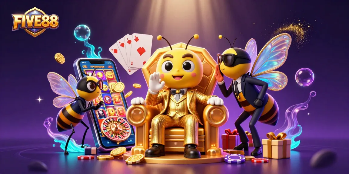 FIVE88 casino scene featuring a bumblebee mob boss and wasp bodyguards with vibrant gaming elements.