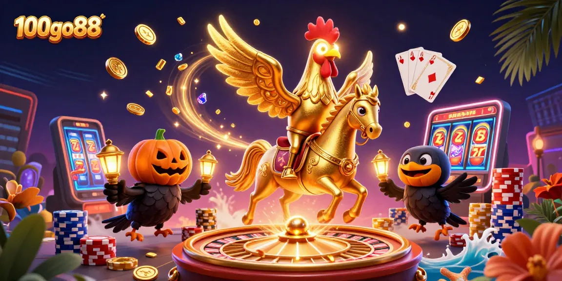 100go88 players spinning the reels in a vibrant casino atmosphere with golden coins cascading around.