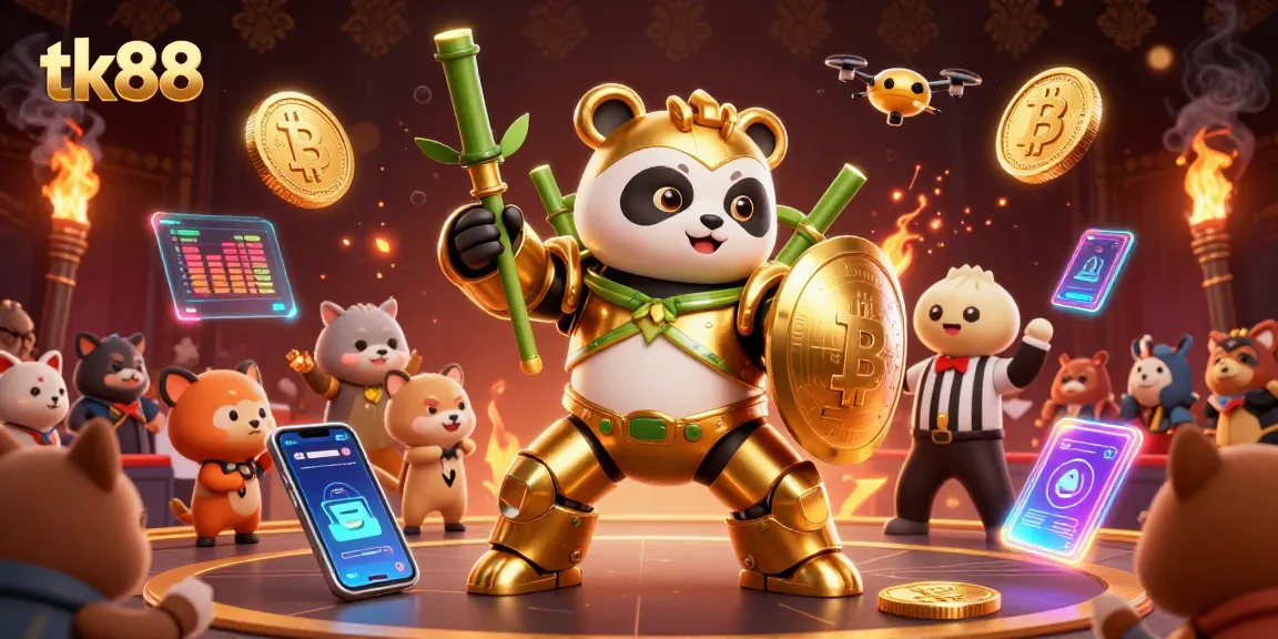 Experience the excitement of tk88 with a thrilling 3D illustration of a golden panda robot in a vibrant casino arena.
