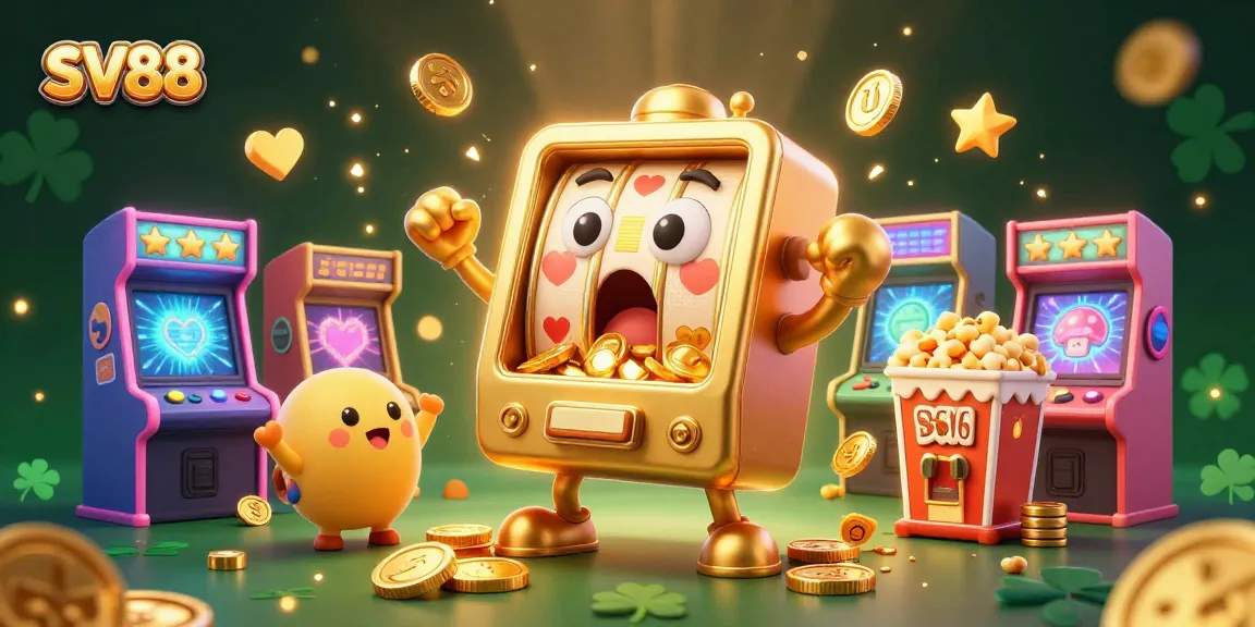 Experience SV88's thrilling moments in a dynamic slot machine celebration surrounded by gaming excitement.