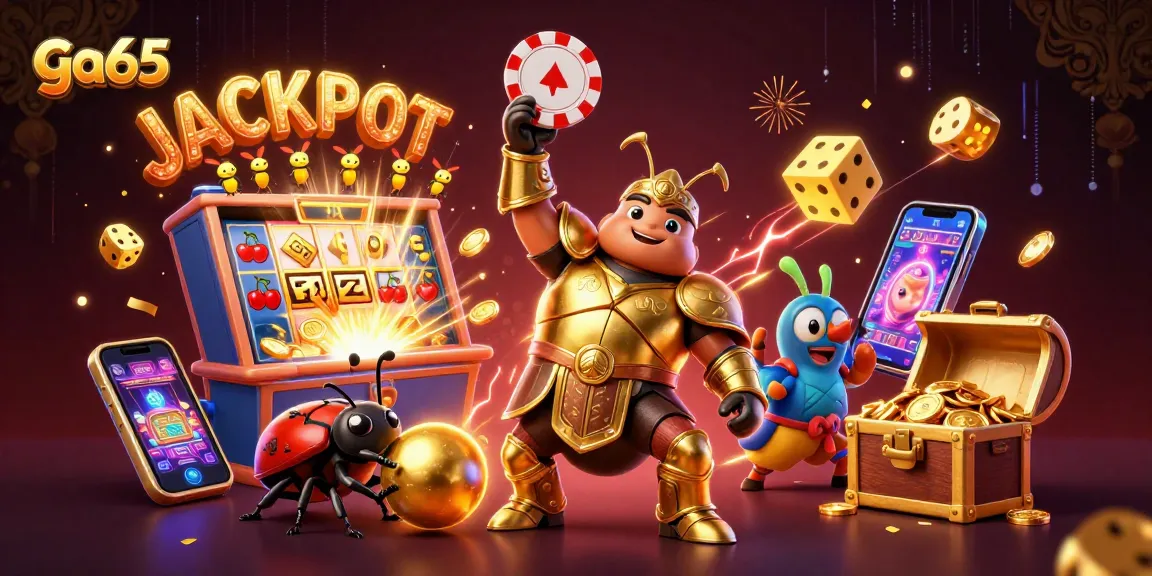 Experience exhilarating wins at ga65 with a victorious beetle lifting a poker chip in an exciting jackpot scene.