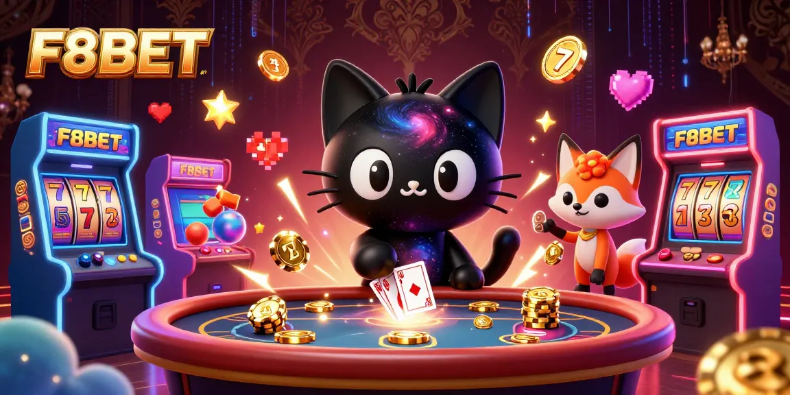 Engage with F8BET's cosmic casino featuring a black hole cat and colorful game elements.