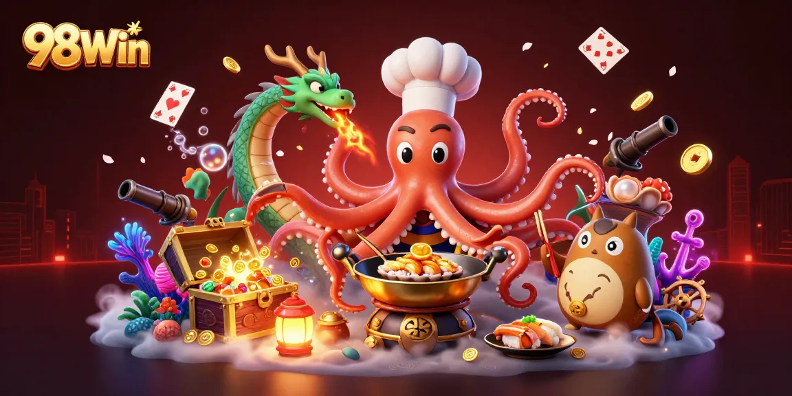 98Win offers thrilling gameplay with a 3D sushi chef octopus preparing golden dishes in a vibrant casino scene.