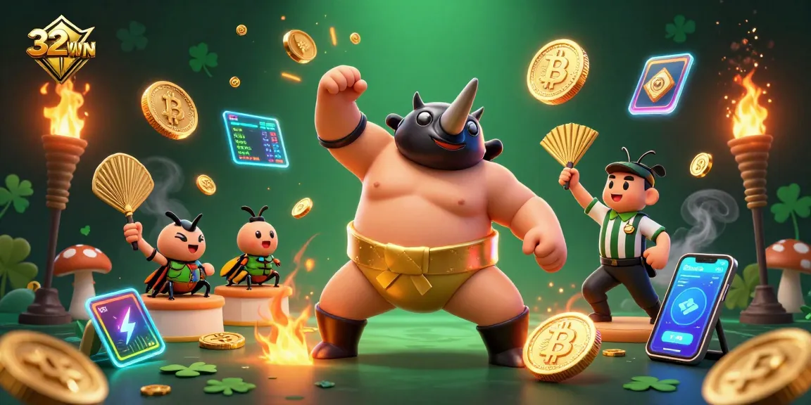 32WIN's thrilling gaming scene with a rhinoceros beetle champion amidst flying gold coins and virtual currencies.