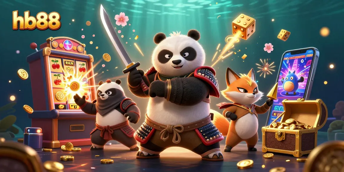Join hb88's thrilling action with a samurai panda, ninja fox, and magical tanuki in a lively casino scene.