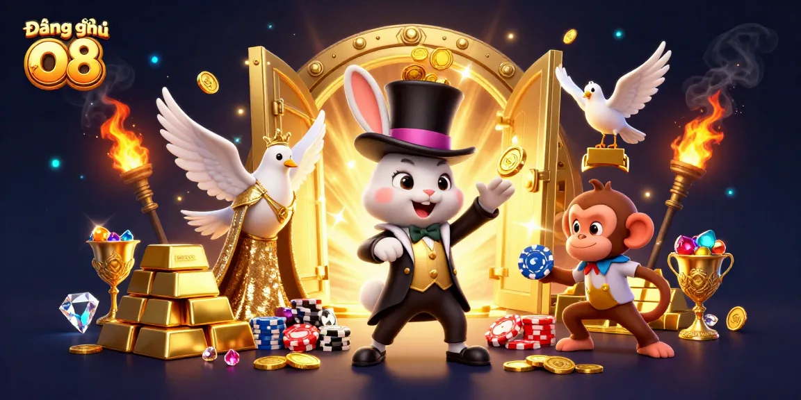 Experience Đăng ký o8 as the magician rabbit reveals golden coins in an exciting casino setting.