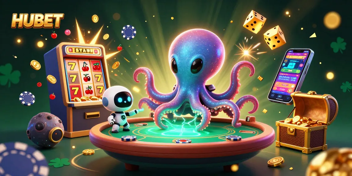 HUBET features an alien octopus at a poker table with vibrant casino elements in a cosmic scene.