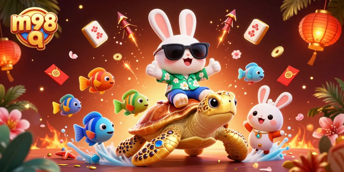 Experience m98 q excitement with a lucky rabbit and enchanted turtle in a vibrant 3D casino adventure.