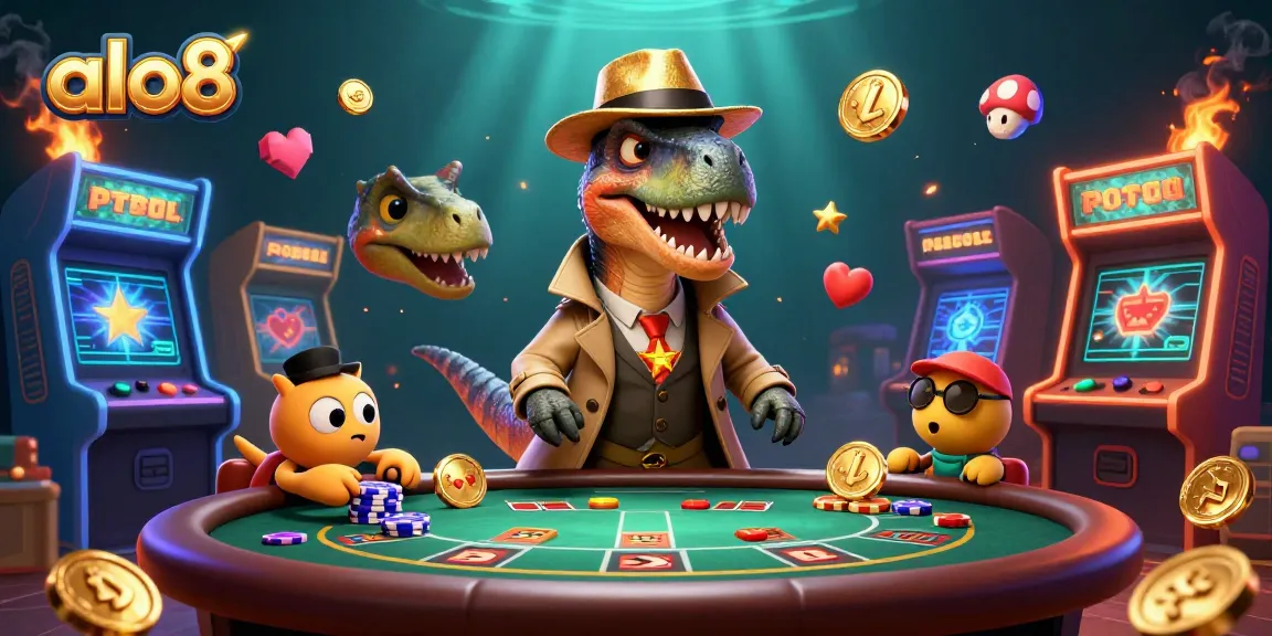 Join the fun at alo8 as a velociraptor card counter sneaks chips at an exciting gaming table.