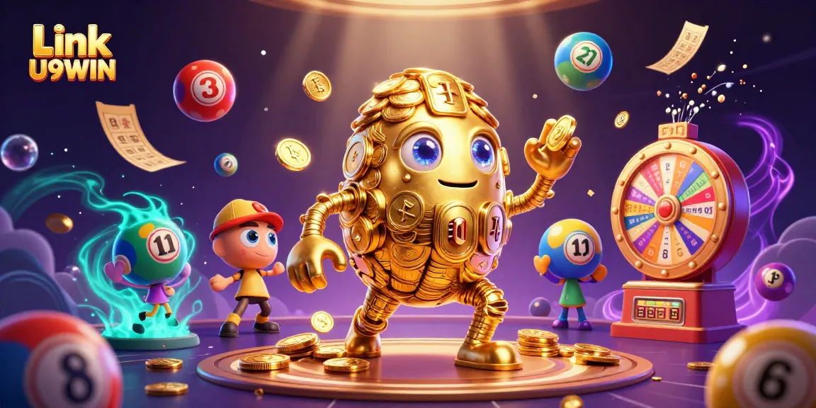Experience a thrilling illustration showcasing Link U9WIN with a golden golem and vibrant lottery action.