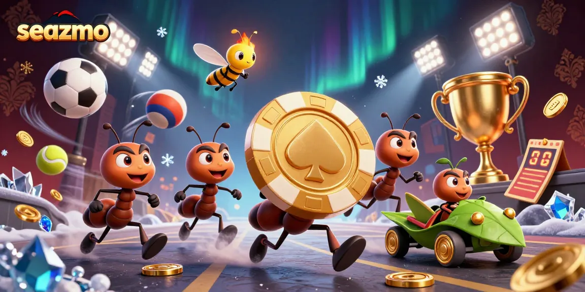 Experience seazmo's thrilling heist with ants in a vibrant casino illustration, complete with golden poker chips and sports elements.