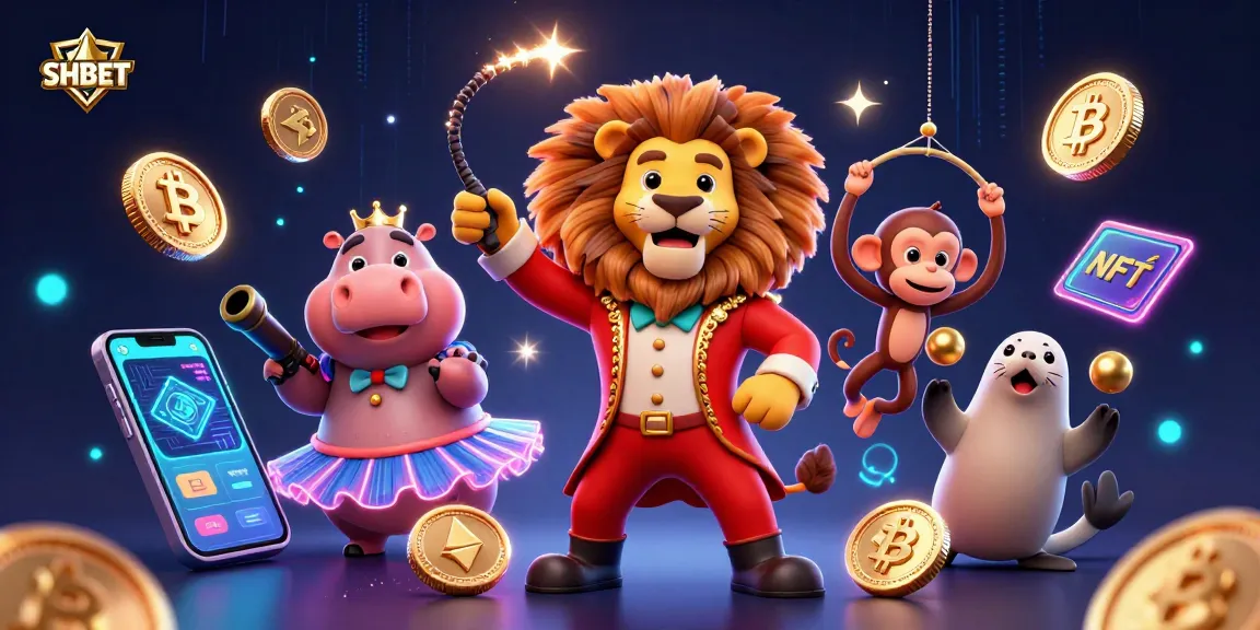 Engaging scene of SHBET casino with cartoon characters and vibrant crypto elements, showcasing lively gaming atmosphere.