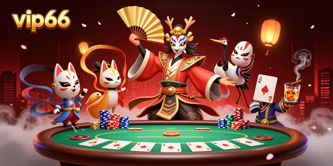 Engage in thrilling gameplay at vip66 with a kabuki warrior and poker elements illuminating casino excitement.