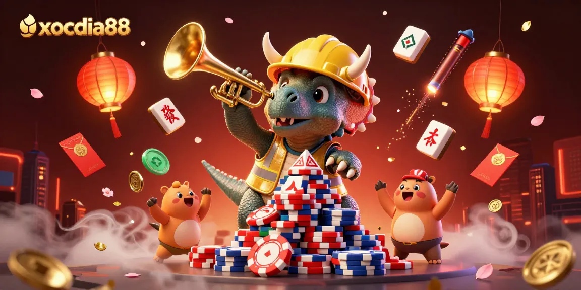 Xocdia88 brings a vibrant celebration with a triceratops building poker chips amidst cheering companions, promising exciting wins.