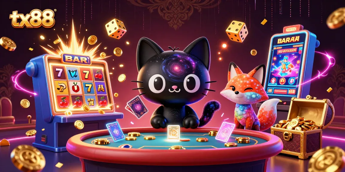 Experience tx88 with a cosmic casino-themed scene featuring a black hole cat and colorful elements.