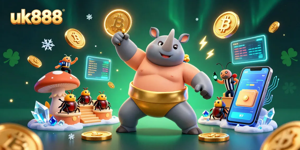 Experience winnings with uk888 in a vibrant 3D casino scene featuring dynamic crypto elements.